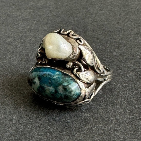 Vintage Art Nouveau Ring Pearl Sterling Silver Arts & Crafts Blue Floral 8.25 - Picture 4 of 15